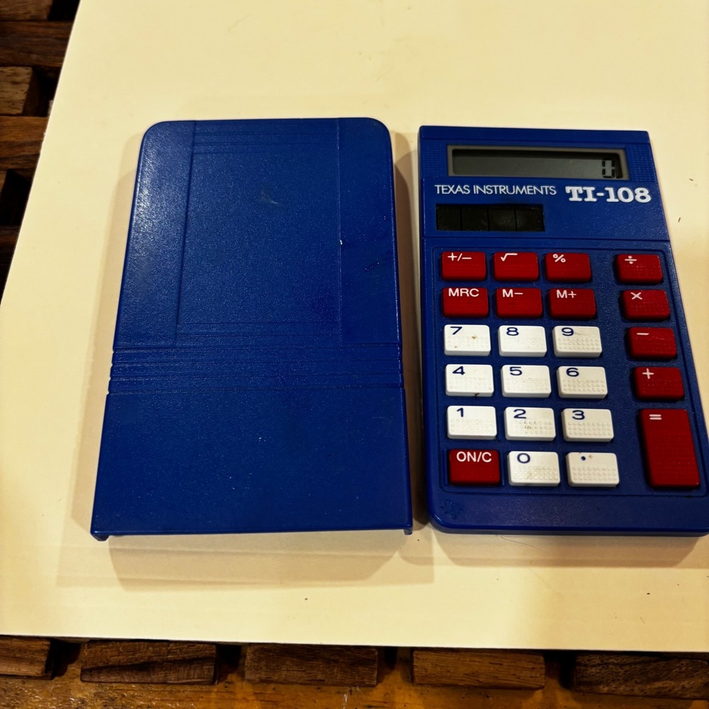 Texas Instruments TI-108 Solar Calculator Blue with Slide Cover Vintage School